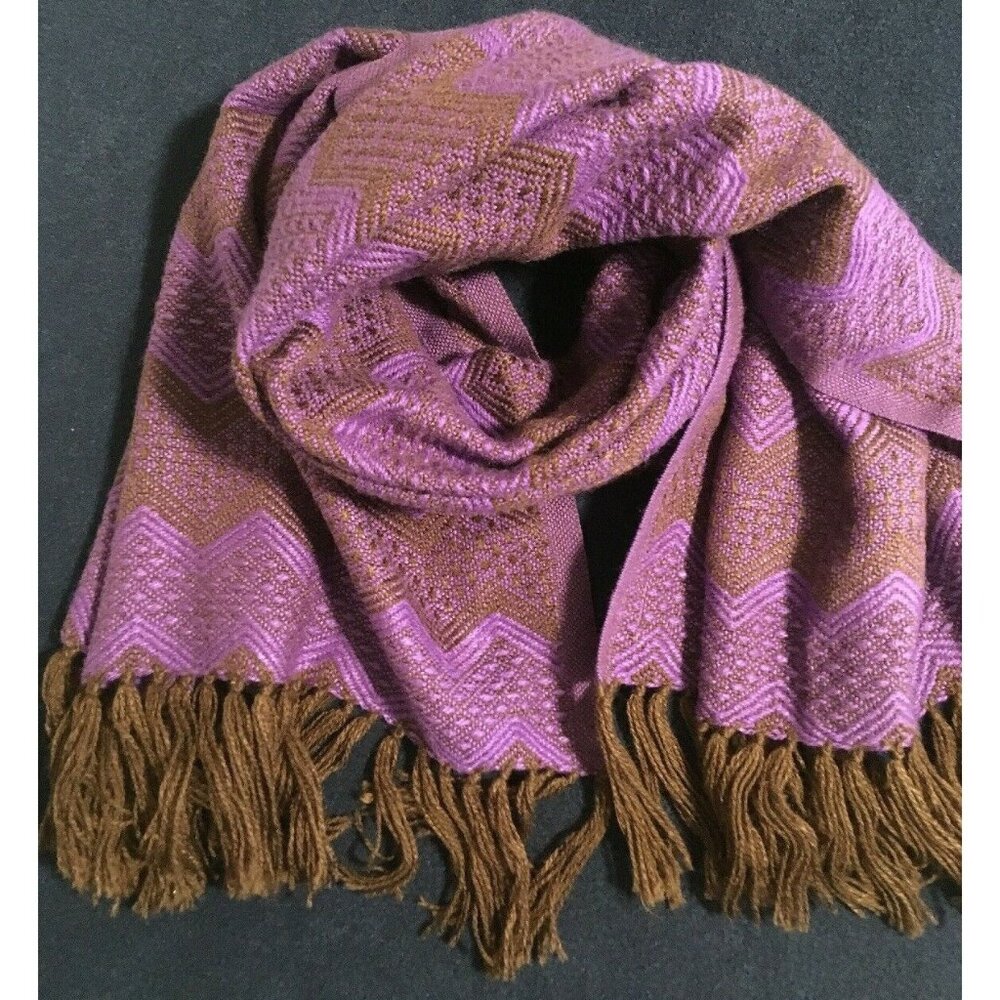 Ruashka Alpaca Edu Scarf Wrap Purple Brown Peruvian Woven Tassels 58* 23" Large